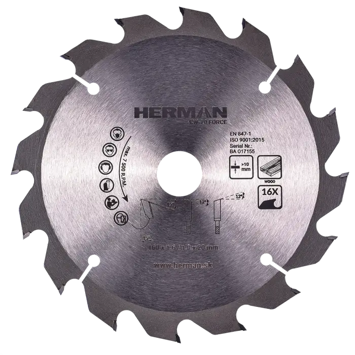 Fűrészlap körfűrészbe HERMAN CW-20 Force 160x1,6/1,0x20mm|16 fogú