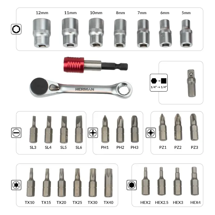 Classic csavarbit készlet HERMAN QSB-20 30 darabos, mini racsnis karral