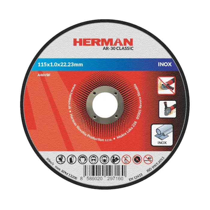 Vágótárcsa HERMAN AR-30 Classic|Rozsdamentes acélhoz 115x1,0x22,23mm|Süllyesztett középrész nélkül|TIPUS 41