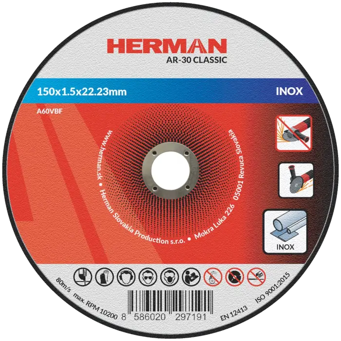 Vágótárcsa HERMAN AR-30 Classic|Rozsdamentes acélhoz 150x1,5x22,23mm|Süllyesztett középrész nélkül|TIPUS 41