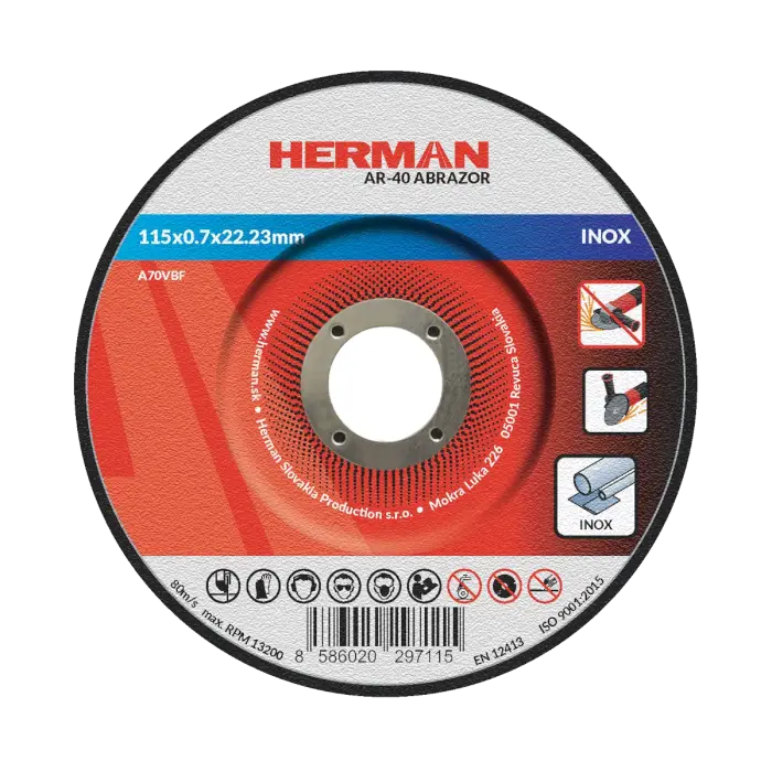 Vágótárcsa HERMAN AR-40 Abrazor|Rozsdamentes acélhoz 115x0,7x22,23mm|Süllyesztett középrésszel|TIPUS 42