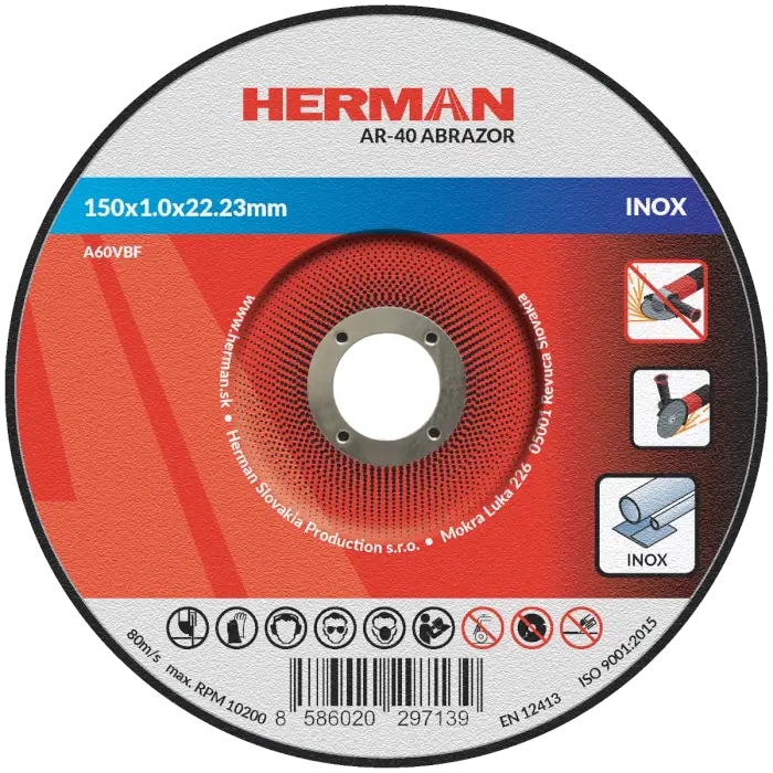 Vágótárcsa HERMAN AR-40 Abrazor|Rozsdamentes acélhoz 150x1,0x22,23mm|Süllyesztett középrésszel|TIPUS 42