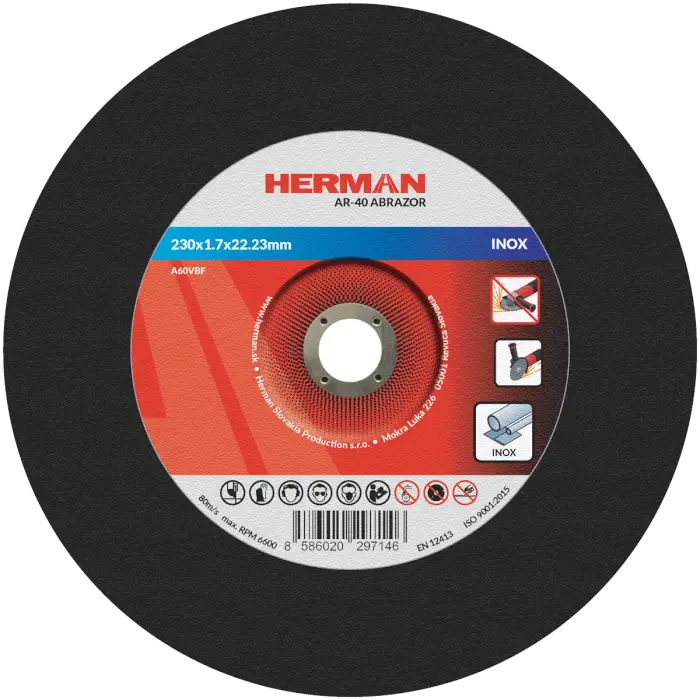 Vágótárcsa HERMAN AR-40 Abrazor|Rozsdamentes acélhoz 230x1,7x22,23mm|Süllyesztett középrésszel|TIPUS 42