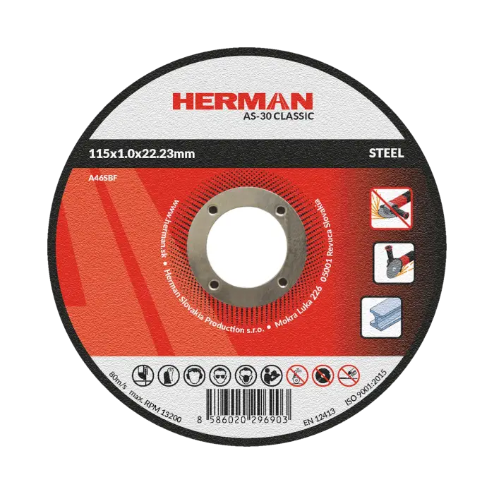 Vágótárcsa HERMAN AS-30 Classic|Acélhoz 115x1,0x22,23mm|Süllyesztett középrész nélkül|TIPUS 41