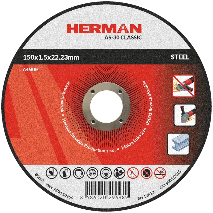 Vágótárcsa HERMAN AS-30 Classic|Acélhoz 150x1,5x22,23mm|Süllyesztett középrész nélkül|TIPUS 41