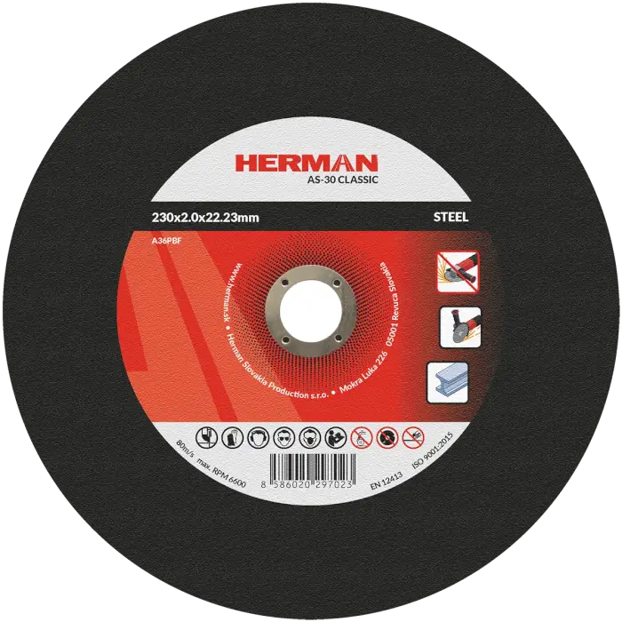 Vágótárcsa HERMAN AS-30 Classic|Acélhoz 230x2,0x22,23mm|Süllyesztett középrész nélkül|TIPUS 41