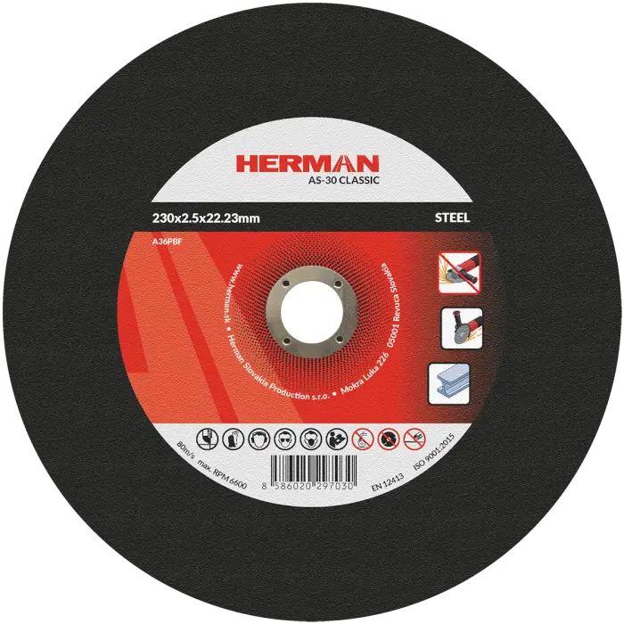 Vágótárcsa HERMAN AS-30 Classic|Acélhoz 230x2,5x22,23mm|Süllyesztett középrész nélkül|TIPUS 41