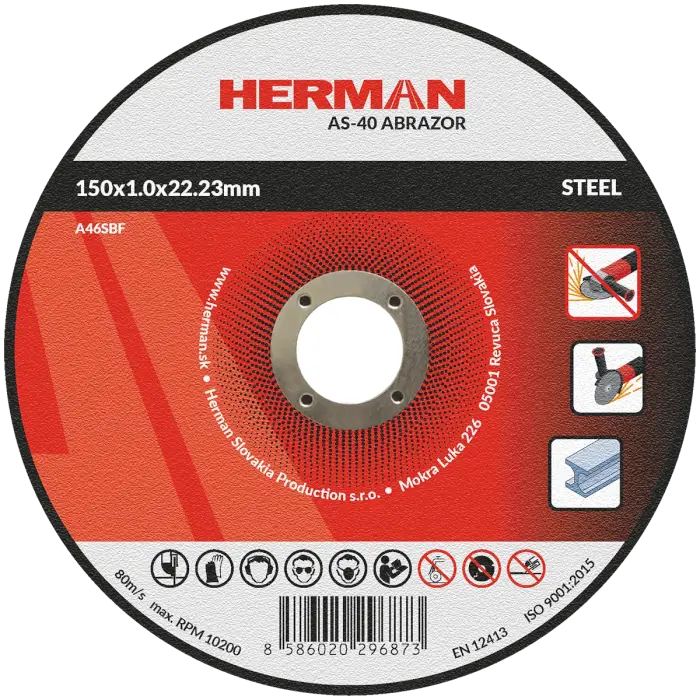 Vágótárcsa HERMAN AS-40 Abrazor|Acélhoz 150x1,0x22,23mm|Süllyesztett középrésszel|TIPUS 42