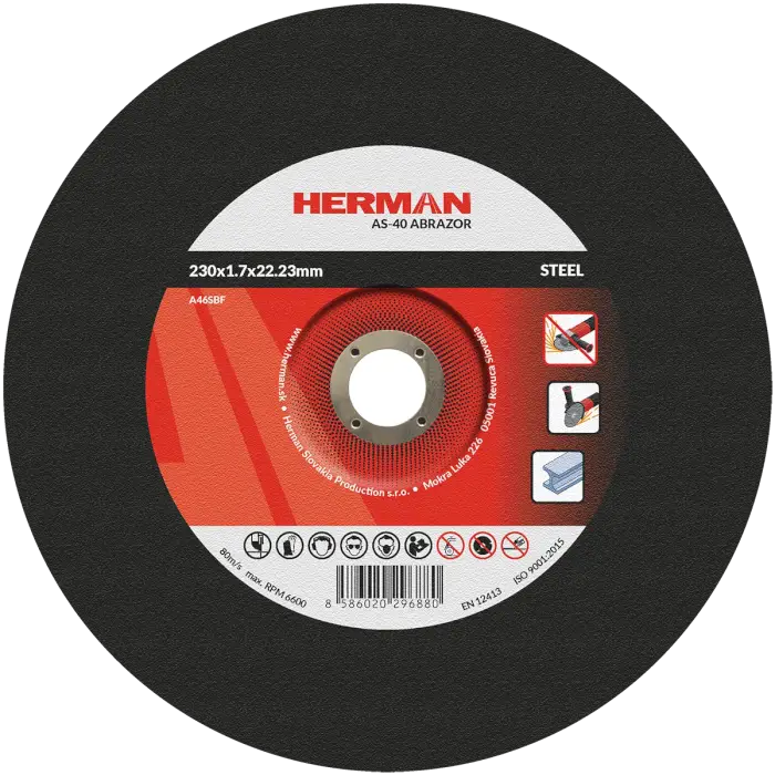 Vágótárcsa HERMAN AS-40 Abrazor|Acélhoz 230x1,7x22,23mm|Süllyesztett középrésszel|TIPUS 42