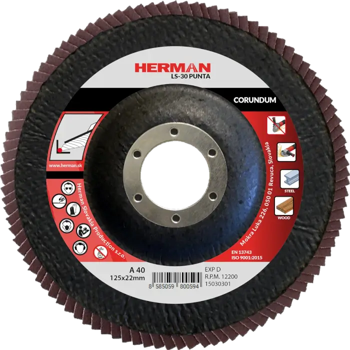 Lamellás csiszolótárcsa HERMAN LS-30 Punta 125mm|P40|corundum