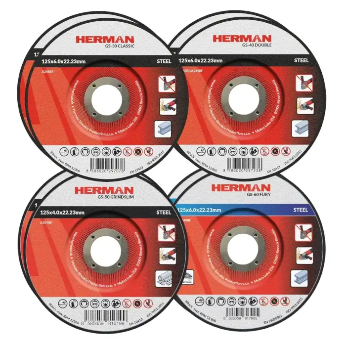 Csiszolótárcsa szett HERMAN QGS-10 | Acélhoz 125mm | 2x GS-30 Classic, GS-40 Double, GS-50 GrindSlim, GS-60 Fury | 8db