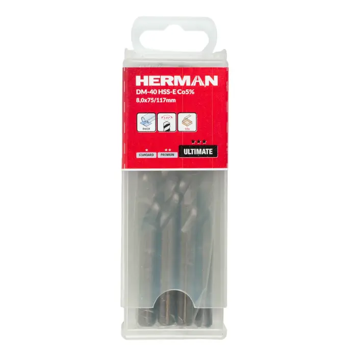 Fúrószár fémre DIN 338 HERMAN DM-40 HSS-E Co5% Kereszt alakban csiszolt csúccsal