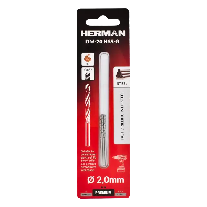Fúró fém fúrására DIN 338 HERMAN DM-20 HSS-G 2,0x24/49mm