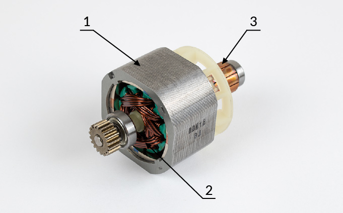 A HERMAN AXSP 1800 csavarhúzóból származó egyenáramú szénmotor sztátor (1), forgorész (2) és kommutátor (3)
