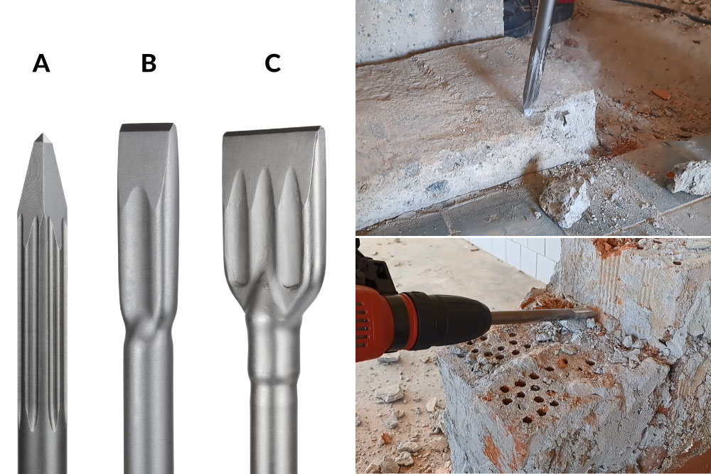 4. ábra. Hegyes (A), lapos (B) és lapát alakú (C) véső