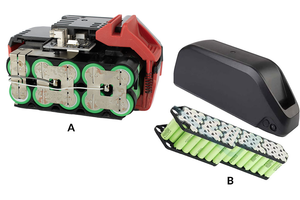 8. ábra. Cellák kapcsolása a HERMAN BL 18V (A) akkumulátorban, és az elektromos kerékpár akkumulátorában (B)