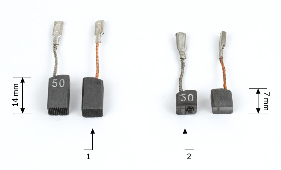 Új (1) és kopott  (2) szénkefe a Herman WX 12501 sarokcsiszolóhoz